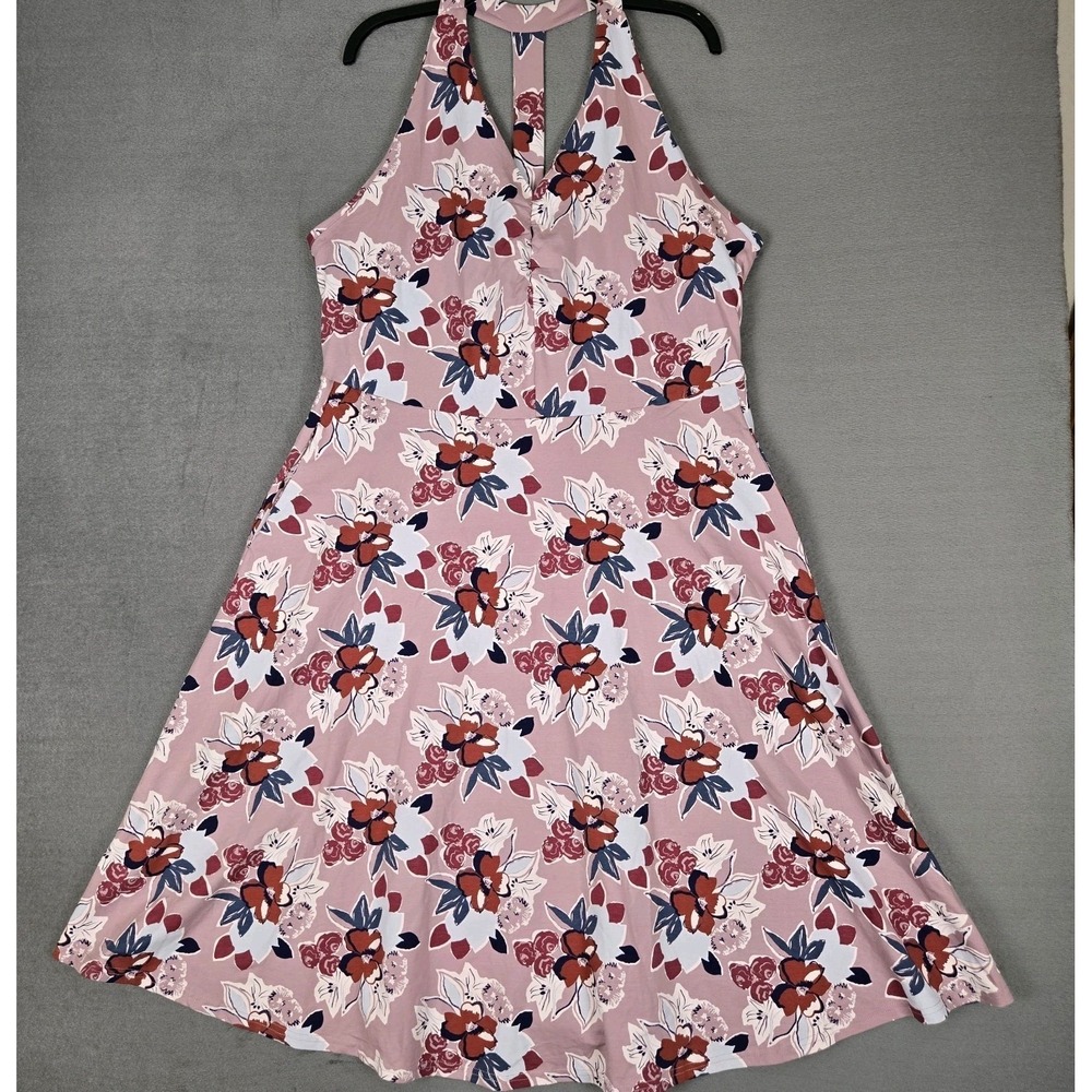 Pact Fit & Flare Gathered Halter Dress Womens 2XL Pink Floral Stretch